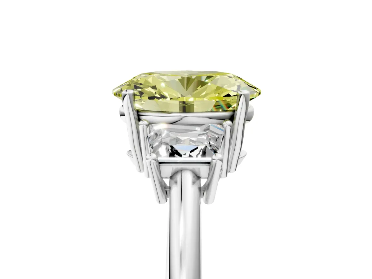 Fancy Yellow Oval Cut Diamond Three-Stone Ring with Trapezoid Side Stones and Prong Setting Platinum
