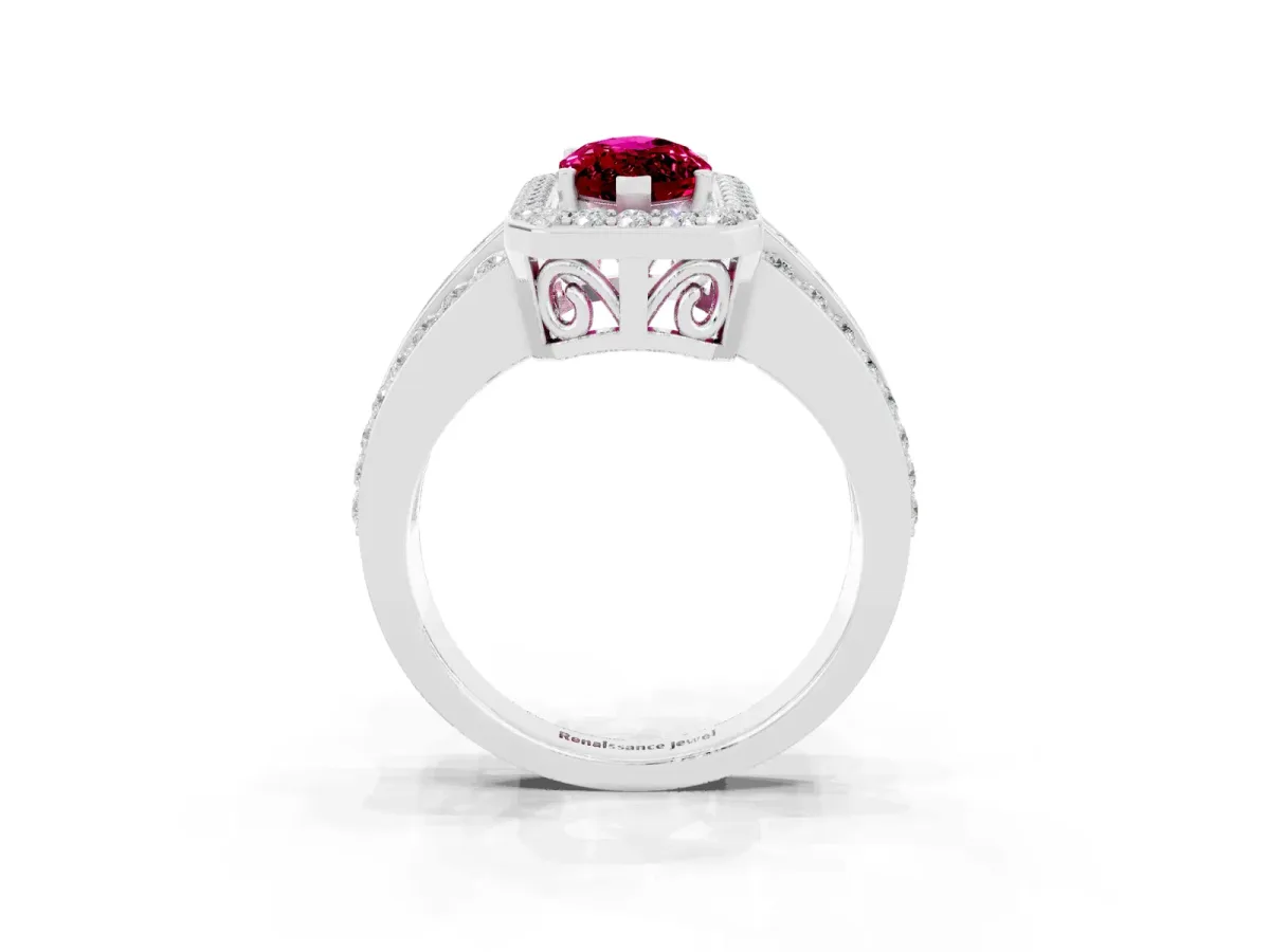 Marquise Cut Halo Garnet Ring with Round Split Shank and Prong Setting Platinum