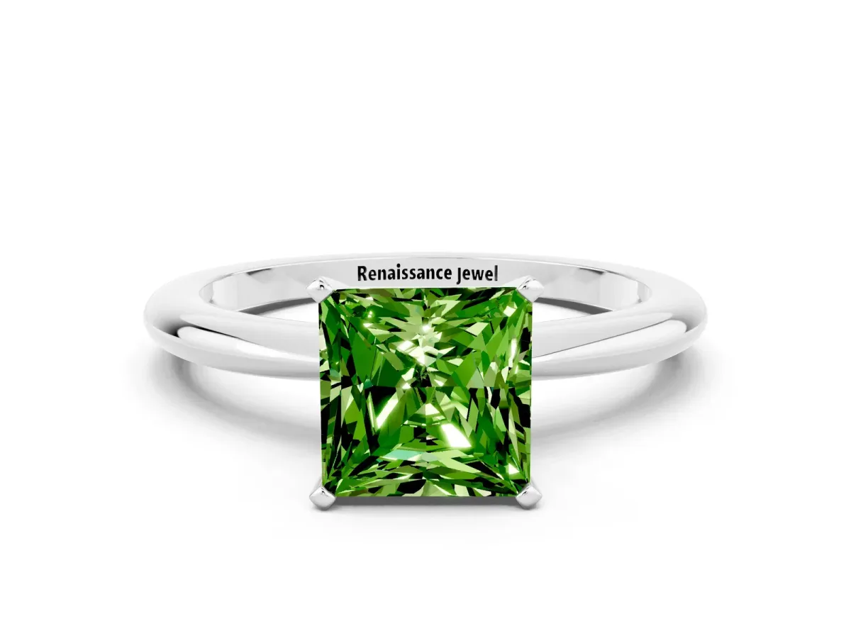 Princess Cut Peridot Solitaire Ring with Six-Prong Setting and Classic Band Platinum