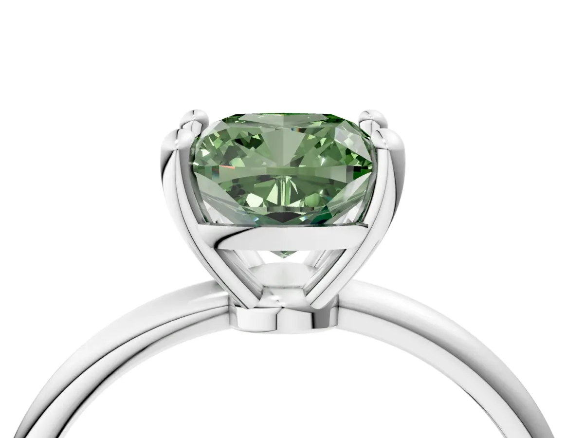 Fancy Green Cushion Cut Solitaire Diamond Ring with 4-Prong Setting on a Classic Band Silver