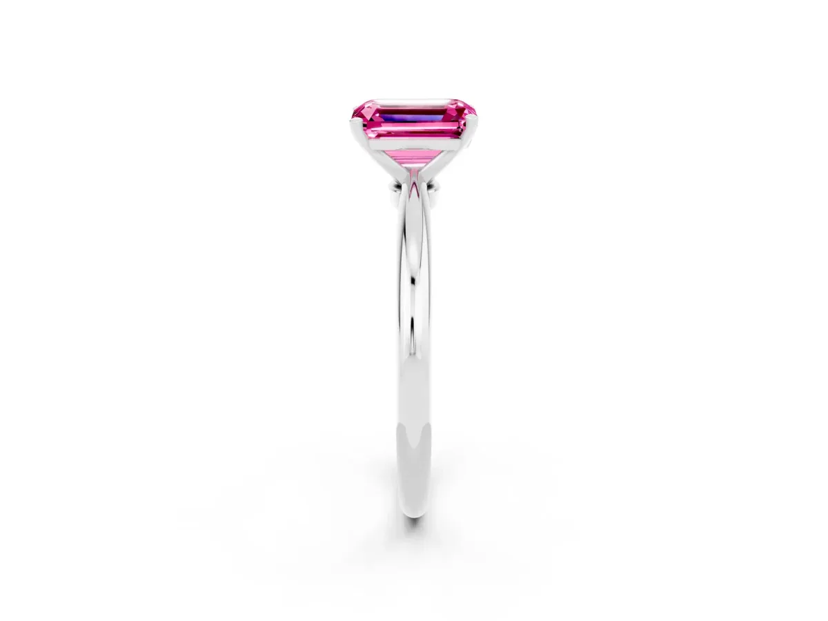 Emerald Cut Pink Sapphire Solitaire Ring with Six-Prong Setting and Classic Band Silver