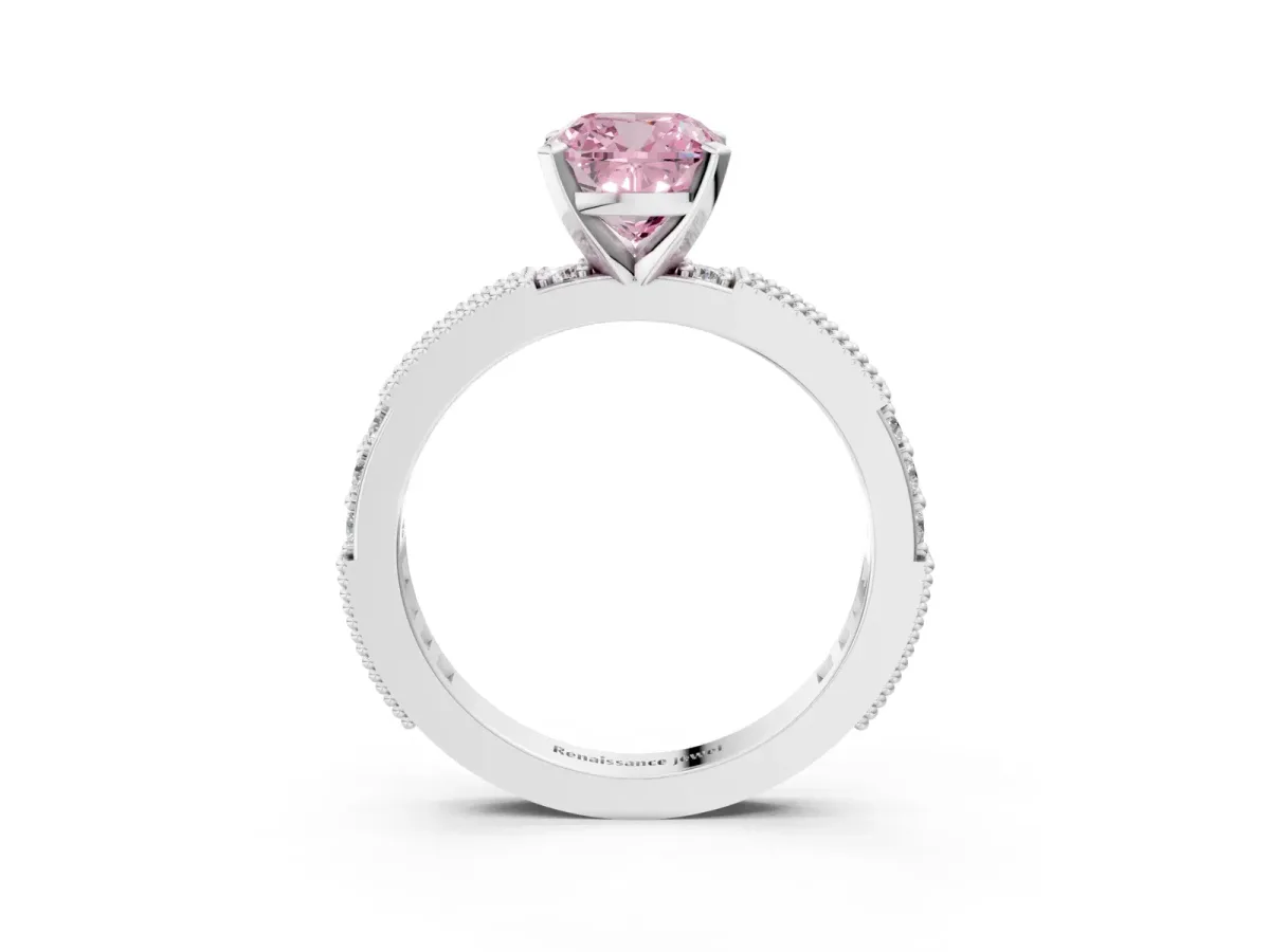 Fancy Pink Cushion Cut Solitaire with Pavé Band and Four-Prong Setting Silver