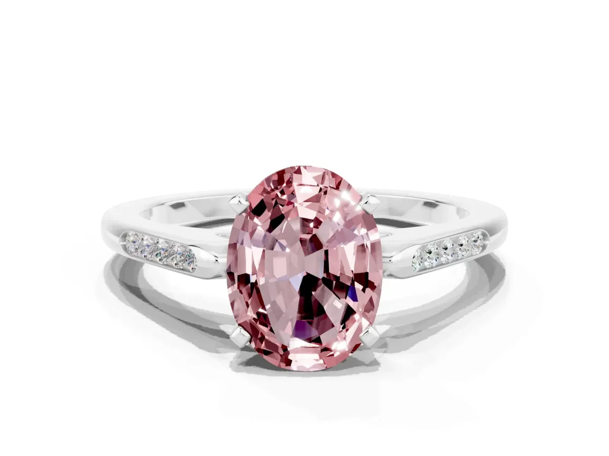 Oval Cut Morganite Solitaire Ring with Channel Set Round Band and Prong Setting Silver