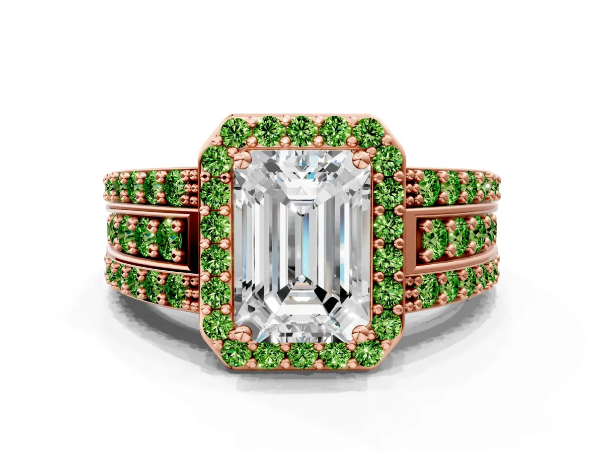 Emerald Cut Halo Diamond Ring with Round Peridot Split Shank and Prong Setting Rose gold