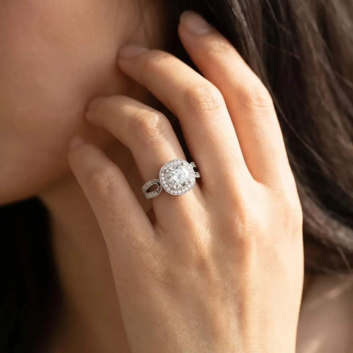 Cushion Cut Halo Split Shank Milgrain Diamond Ring Platinum