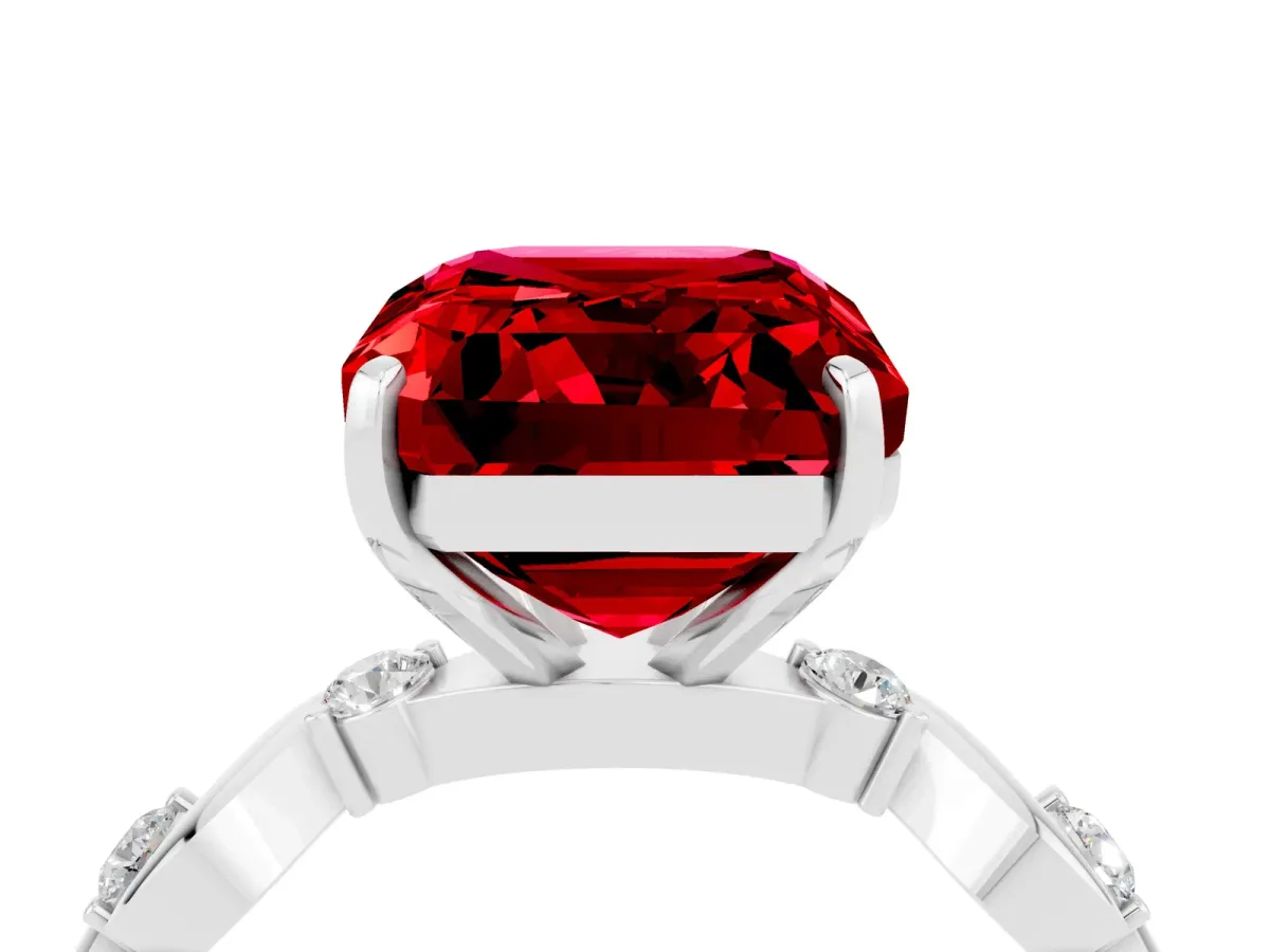 Emerald Cut Ruby Solitaire Twisted Band with Round Accents and Prong Setting Platinum