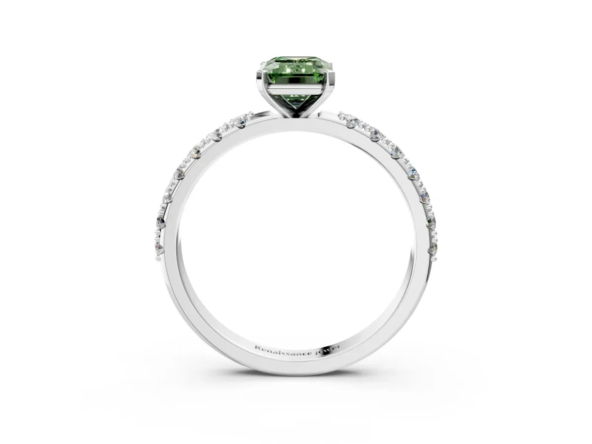 Fancy Green Emerald Cut Diamond Solitaire Pavé Band with Four-Prong Setting Silver