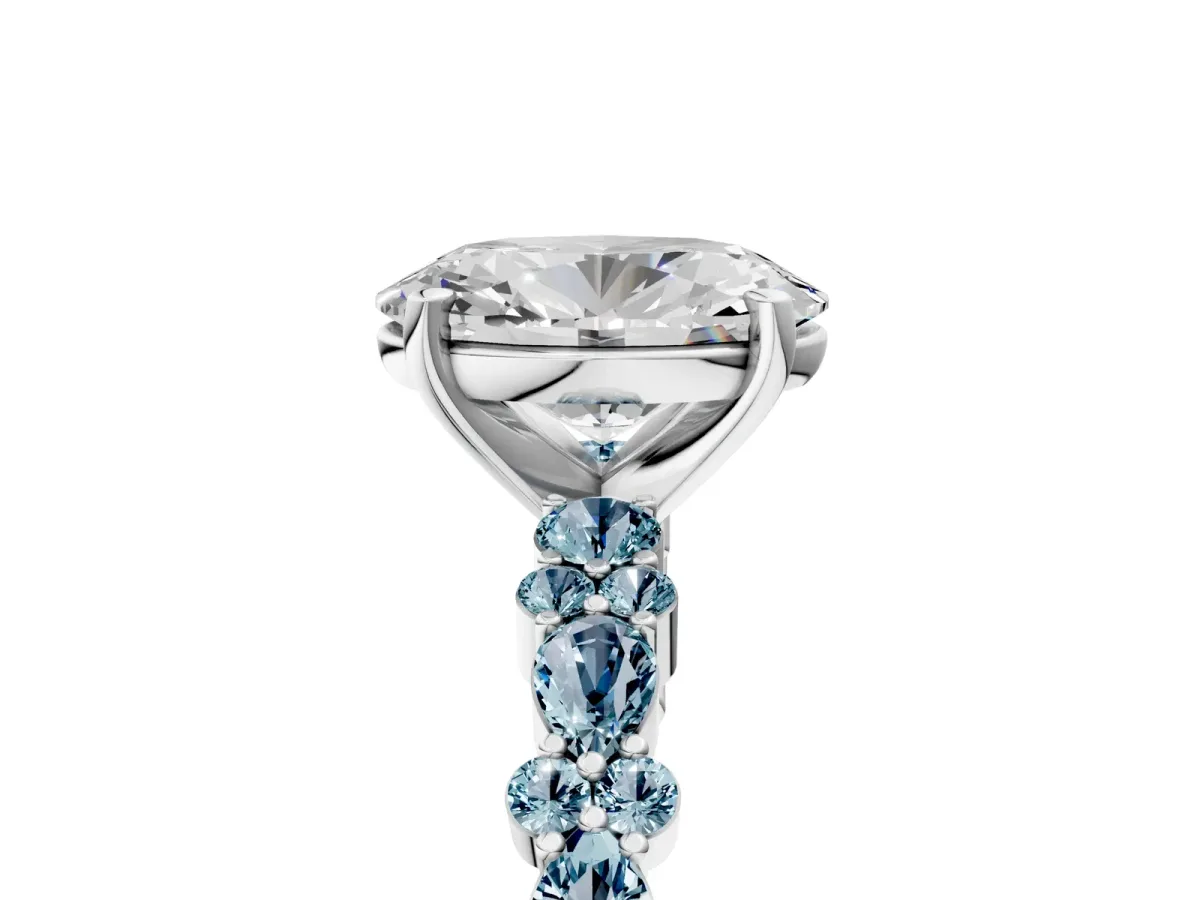 Oval Cut Diamond Side Stone Solitaire Ring with Round Aquamarine and Four-Prong Setting Silver