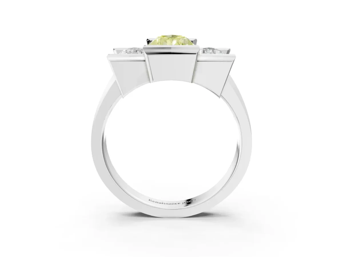 Fancy Yellow Three Stone Pear Cut Cut Channel Set Diamond Ring Silver