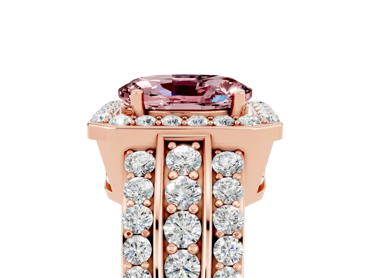 Oval Cut Halo Morganite Ring with Round Split Shank and Prong Setting Rose gold