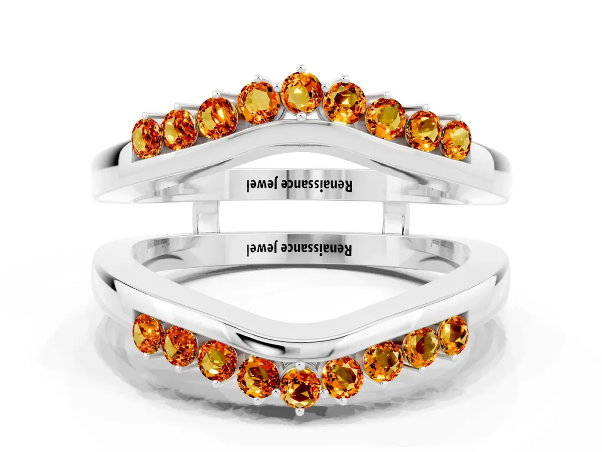 Round Citrine Chevron Contour Band with Prong Setting Silver