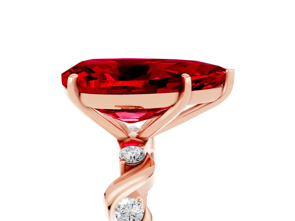 Pear Cut Ruby Solitaire Twisted Band with Round Accents and Prong Setting Rose gold