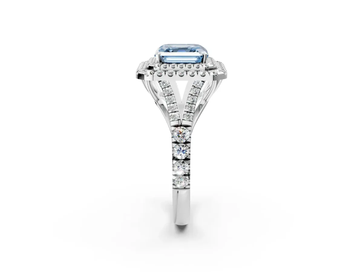 Fancy Blue Asscher Cut Cut Double Halo Split Shank Diamond Ring with Prong Setting Platinum