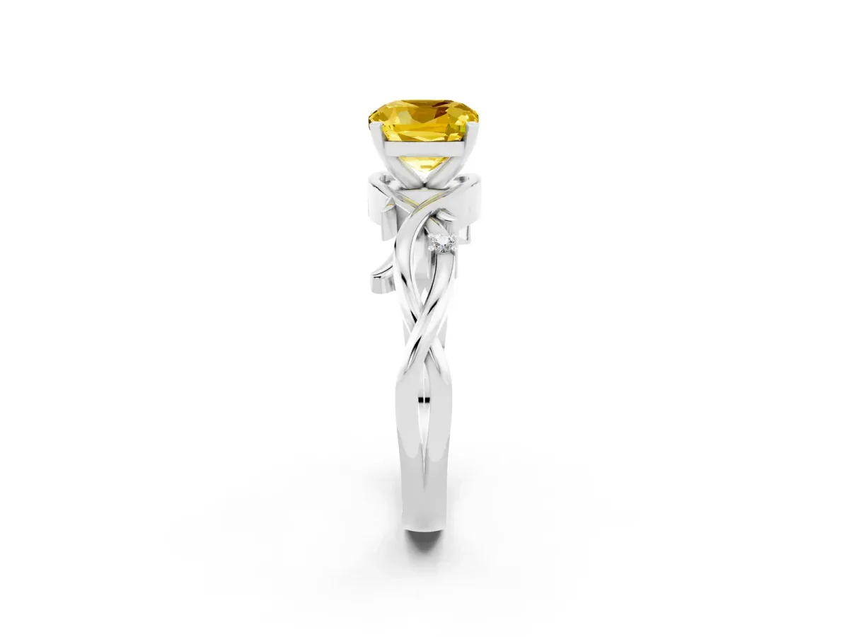 Cushion Cut Yellow Sapphire Solitaire Ring with Twisted Band and Prong Setting Silver