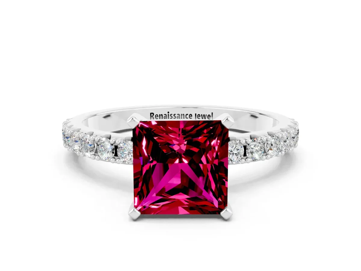 Princess Cut Garnet Solitaire Pavé Band with Four-Prong Setting Silver
