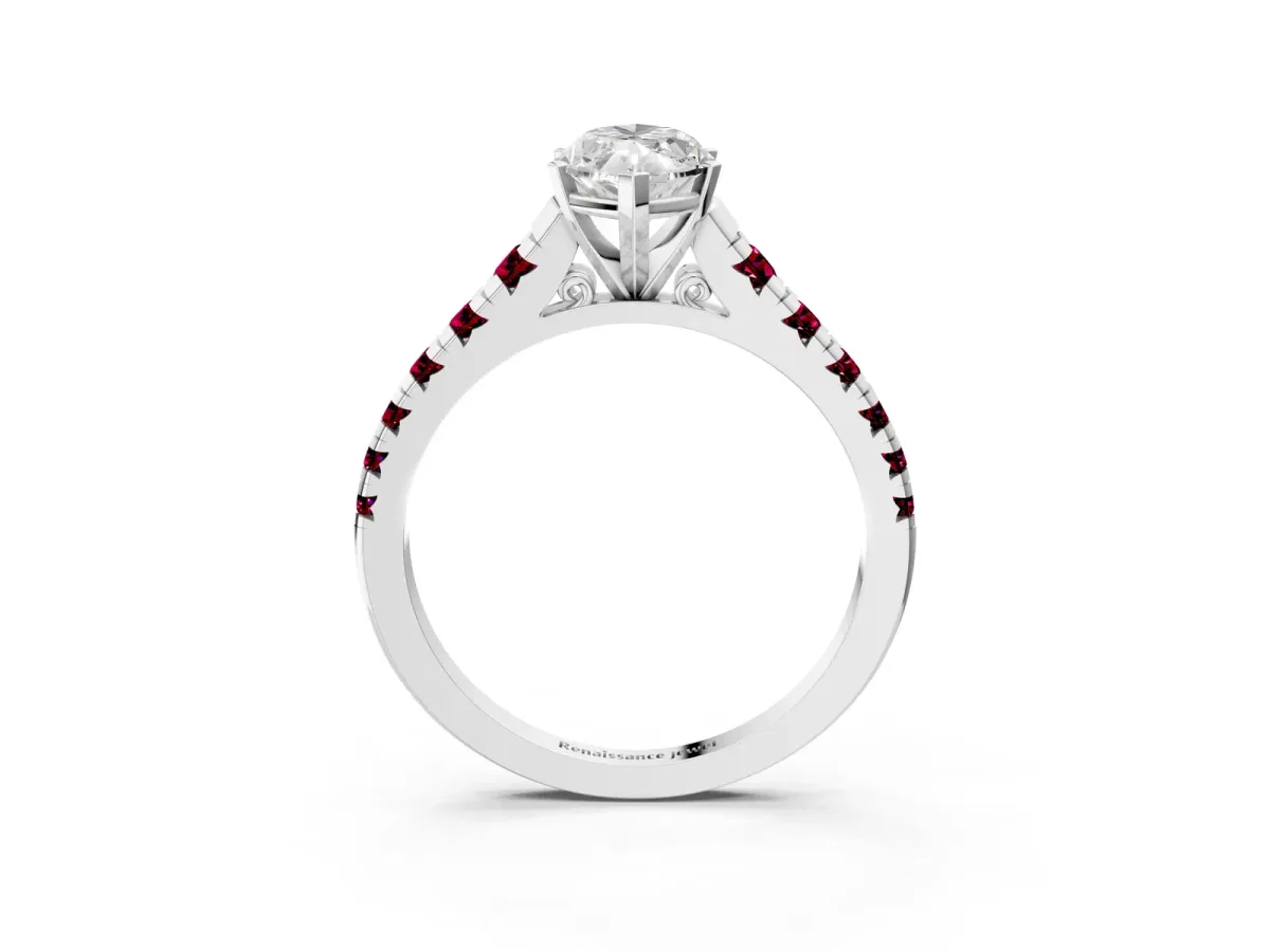 Marquise Cut Diamond Cathedral Solitaire Ring with Round Garnet Pavé Band Silver