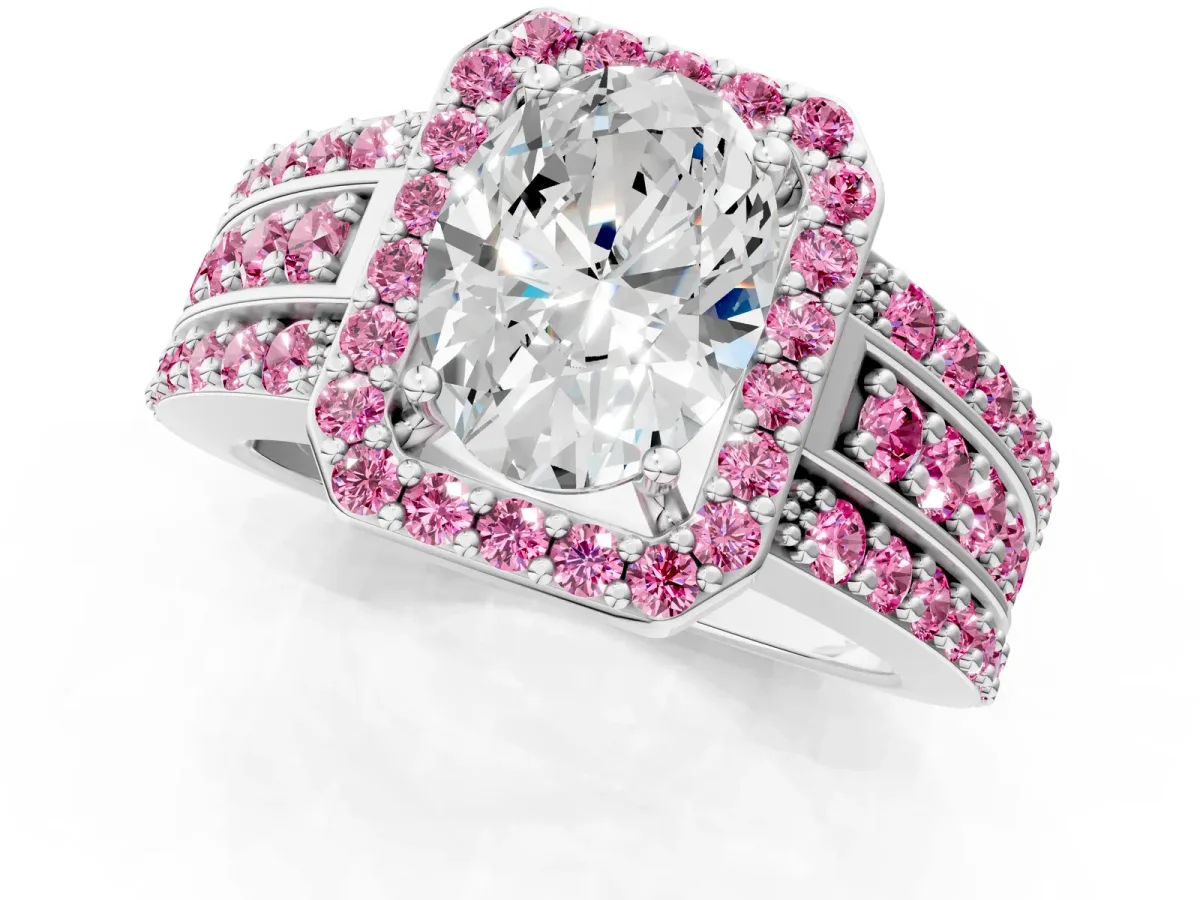 Oval Cut Halo Diamond Ring with Round Pink Sapphire Split Shank and Prong Setting Silver