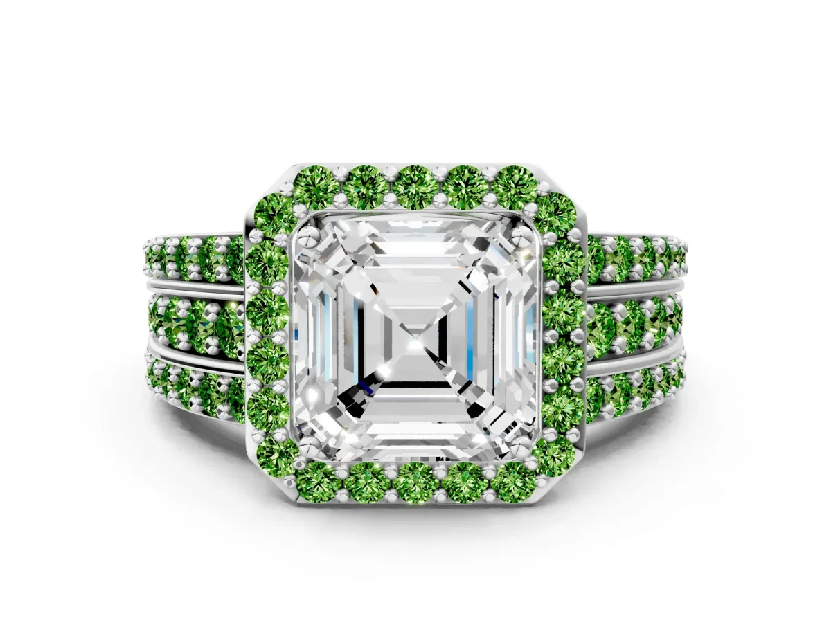 Asscher Cut Halo Diamond Ring with Round Peridot Split Shank and Prong Setting Silver
