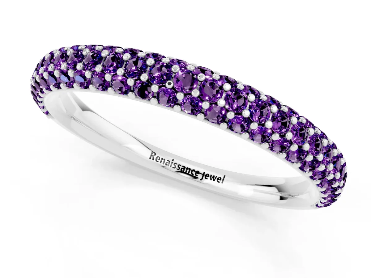 Round Amethyst Pavé Eternity Band with Shared Prong Setting White gold