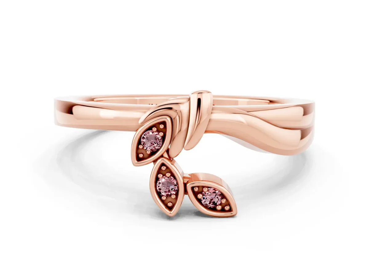Three-Stone Round Morganite Leaf Bypass Ring with Bezel Setting Rose gold