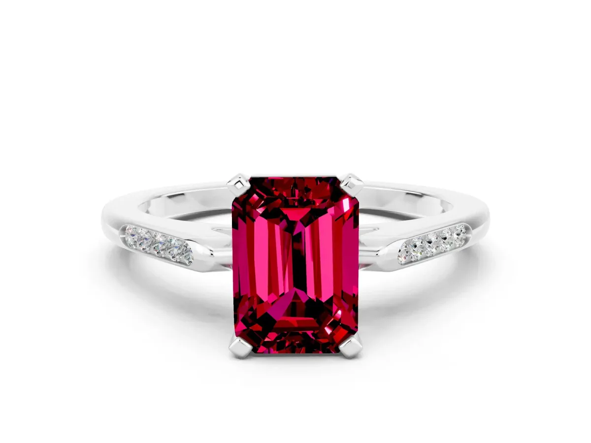 Emerald Cut Garnet Solitaire Ring with Channel Set Round Band and Prong Setting Silver