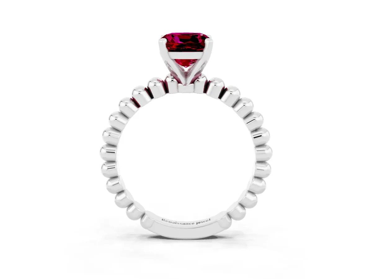 Cushion Cut Garnet Solitaire Ring with Beaded Band and Prong Setting Platinum