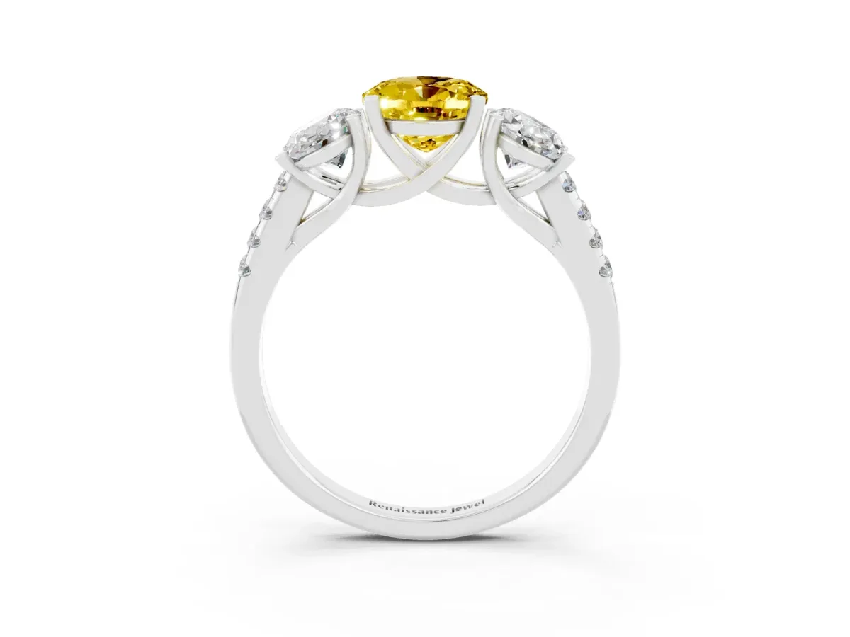 Three-Stone Oval Cut Yellow Sapphire Ring with Round Pavé Band and Prong Setting Silver