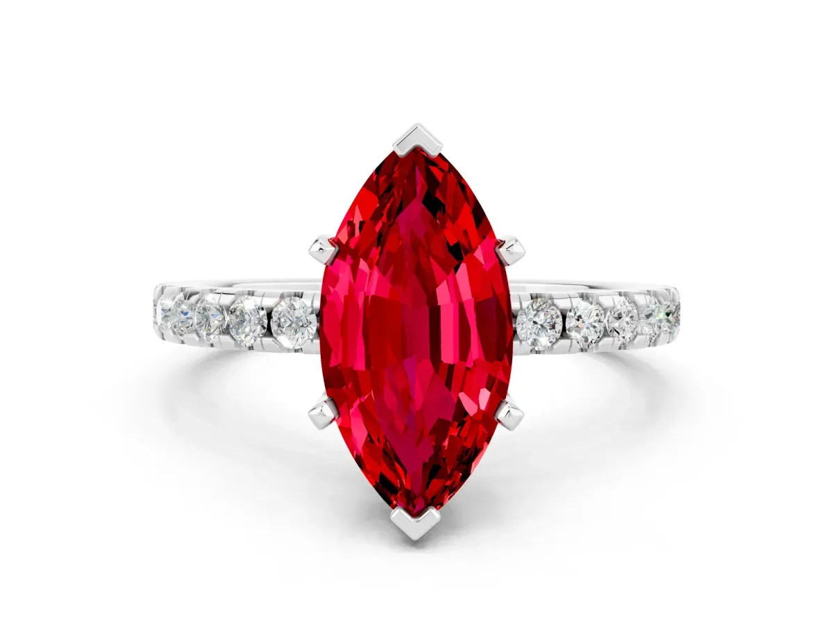 Marquise Cut Ruby Solitaire Ring with Round Pavé Band and Four-Prong Setting Silver