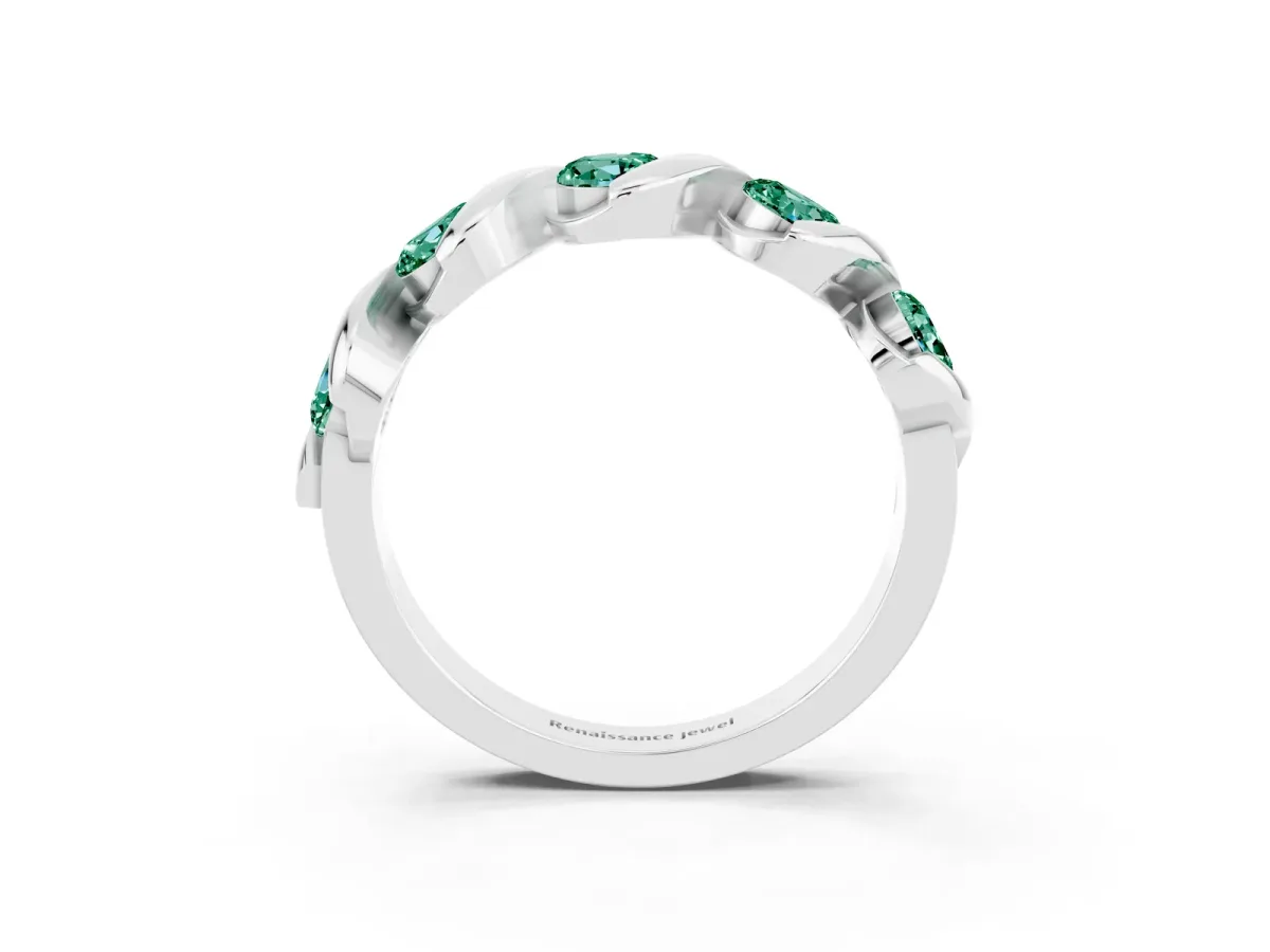 Round Green Sapphire Wave Band with Channel Setting and Shared Prongs Platinum