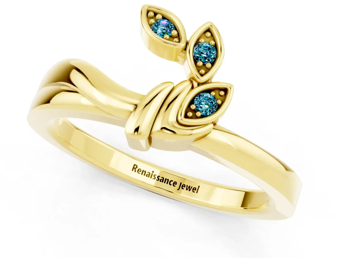 Three-Stone Round Blue Topaz Leaf Bypass Ring with Bezel Setting Yellow gold