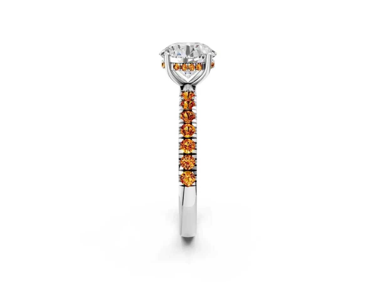 Round Cut Diamond Pave Band Solitaire Ring with Round Citrine and Prong Setting Platinum