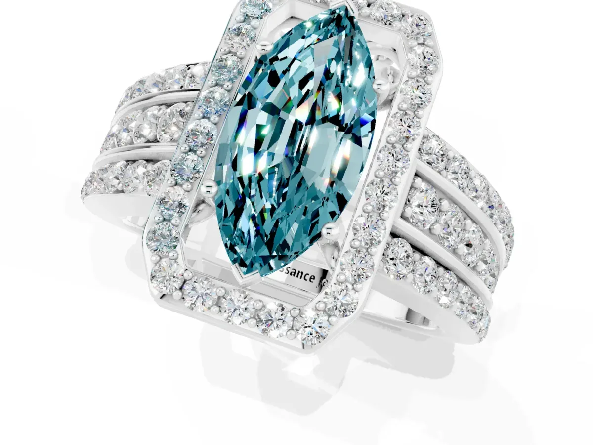 Marquise Cut Halo Blue Topaz Ring with Round Split Shank and Prong Setting Silver
