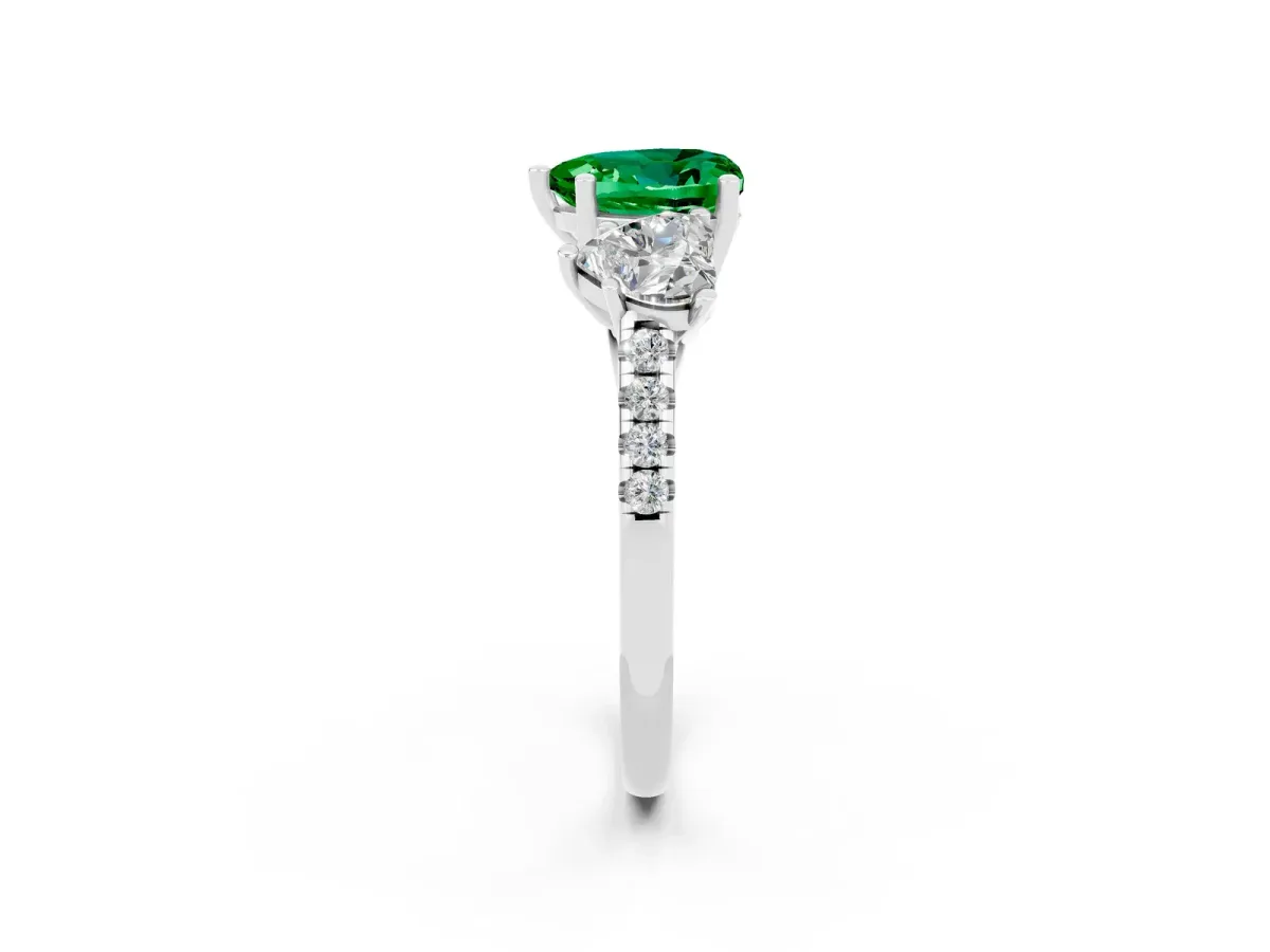 Three-Stone Heart Cut Emerald Ring with Round Pavé Band and Prong Setting Silver