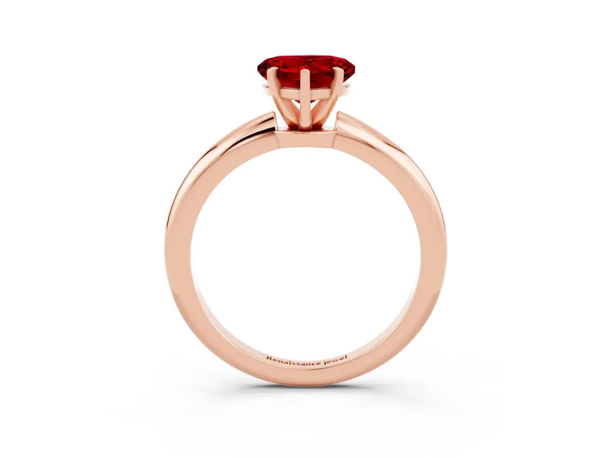 Heart Cut Ruby Solitaire Ring with Six-Prong Setting and Classic Band Rose gold