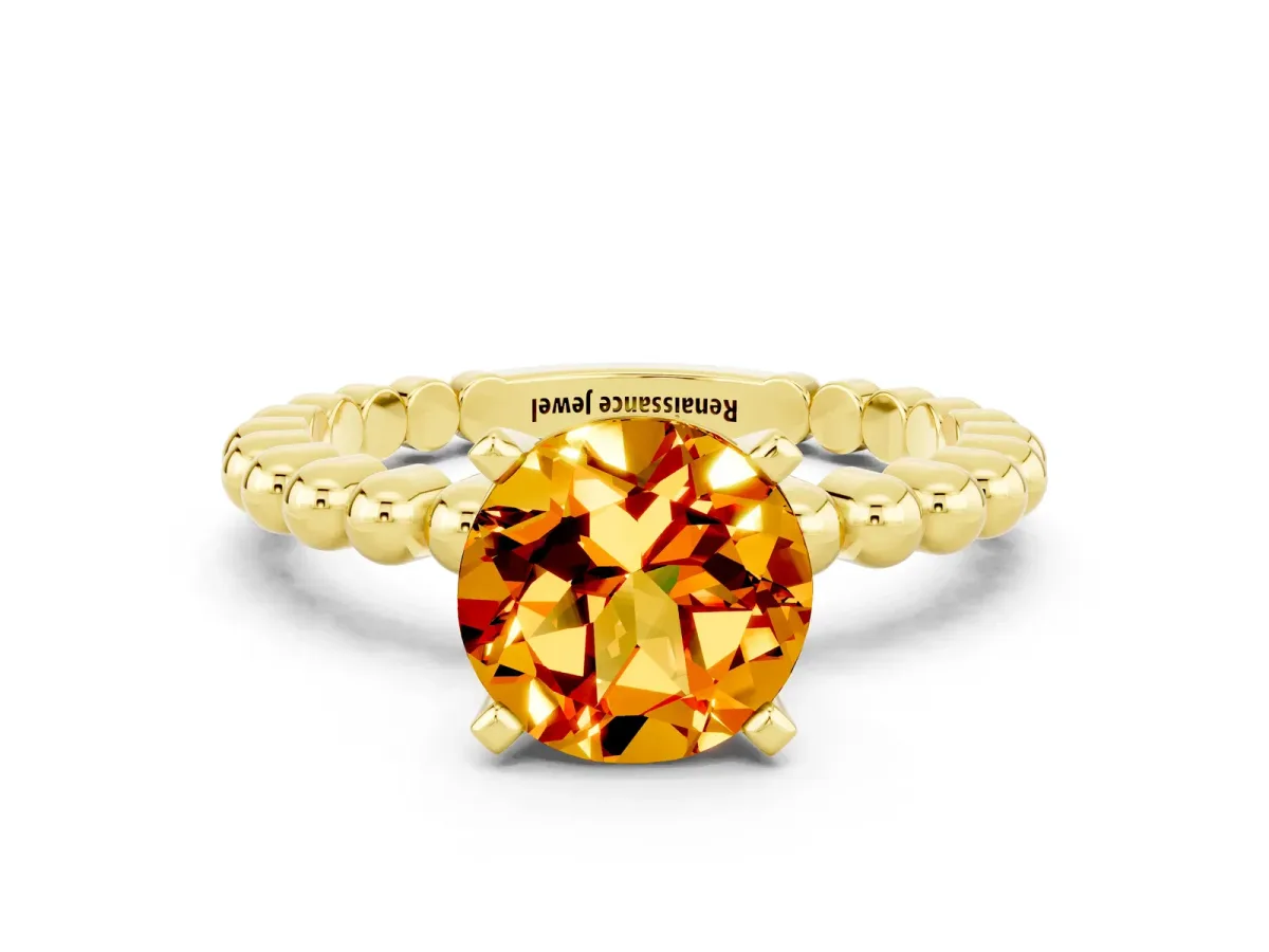 Round Cut Citrine Solitaire Ring with Beaded Band and Prong Setting Yellow gold