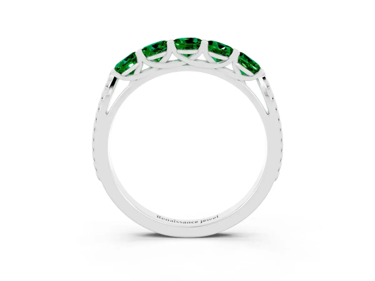 Five-Stone Round Emerald Prong-Set Band Platinum