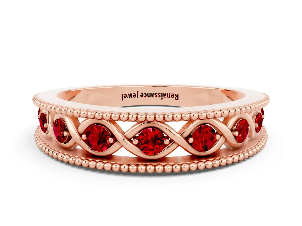 Round Ruby Twist Milgrain Band with Bezel Setting Rose gold