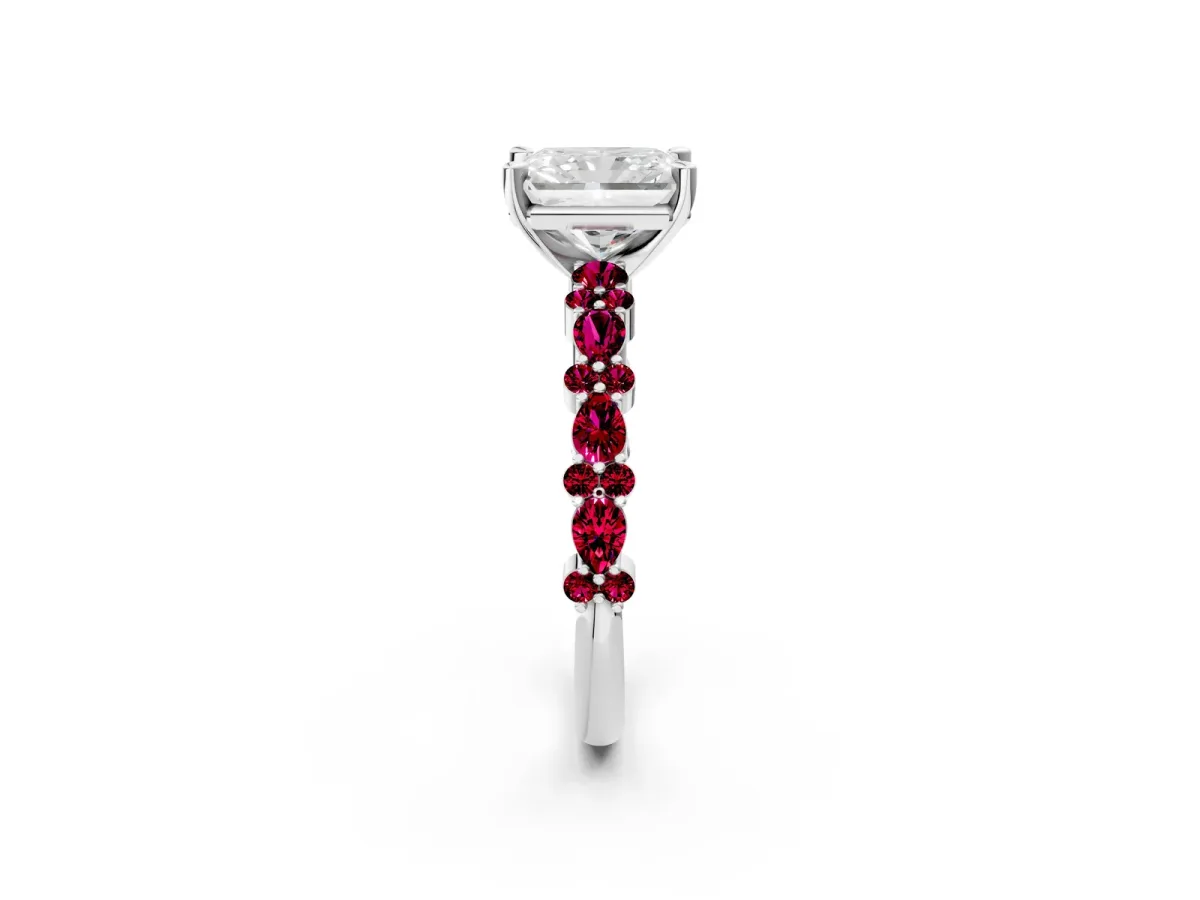 Radiant Cut Diamond Side Stone Solitaire Ring with Round Garnet and Four-Prong Setting Platinum