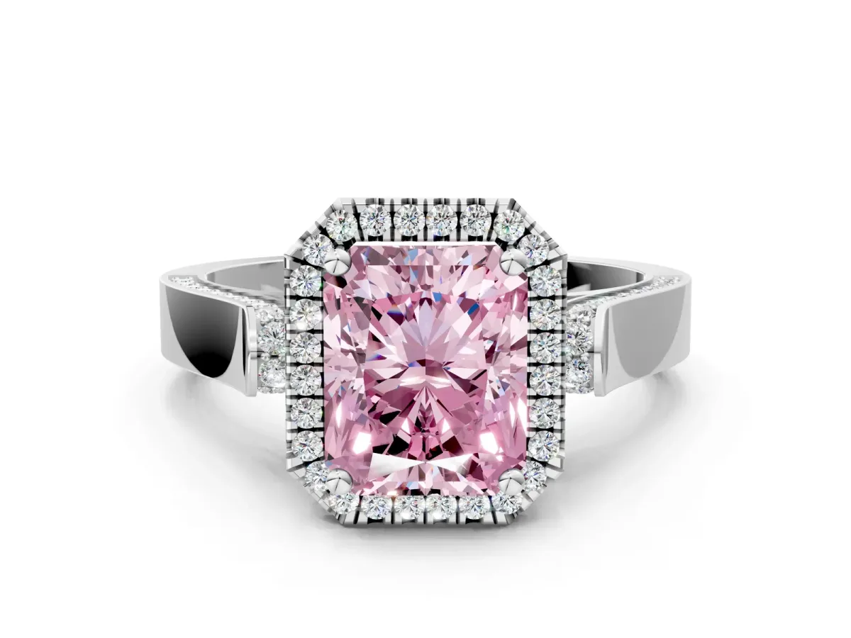 Fancy Pink Radiant Cut Halo Pave Split Shank Prong Setting Ring Platinum