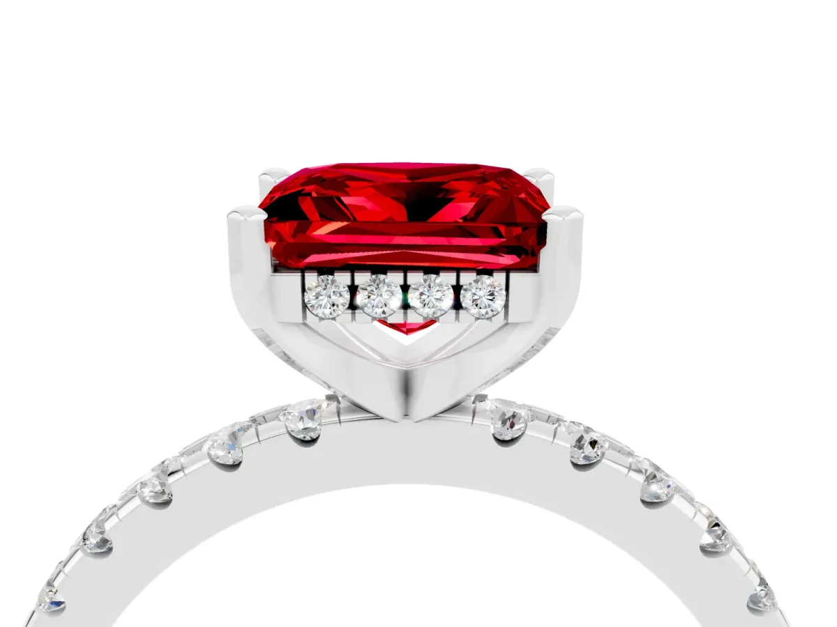 Princess Cut Ruby Solitaire Ring with Round Pavé Band and Four-Prong Setting Platinum