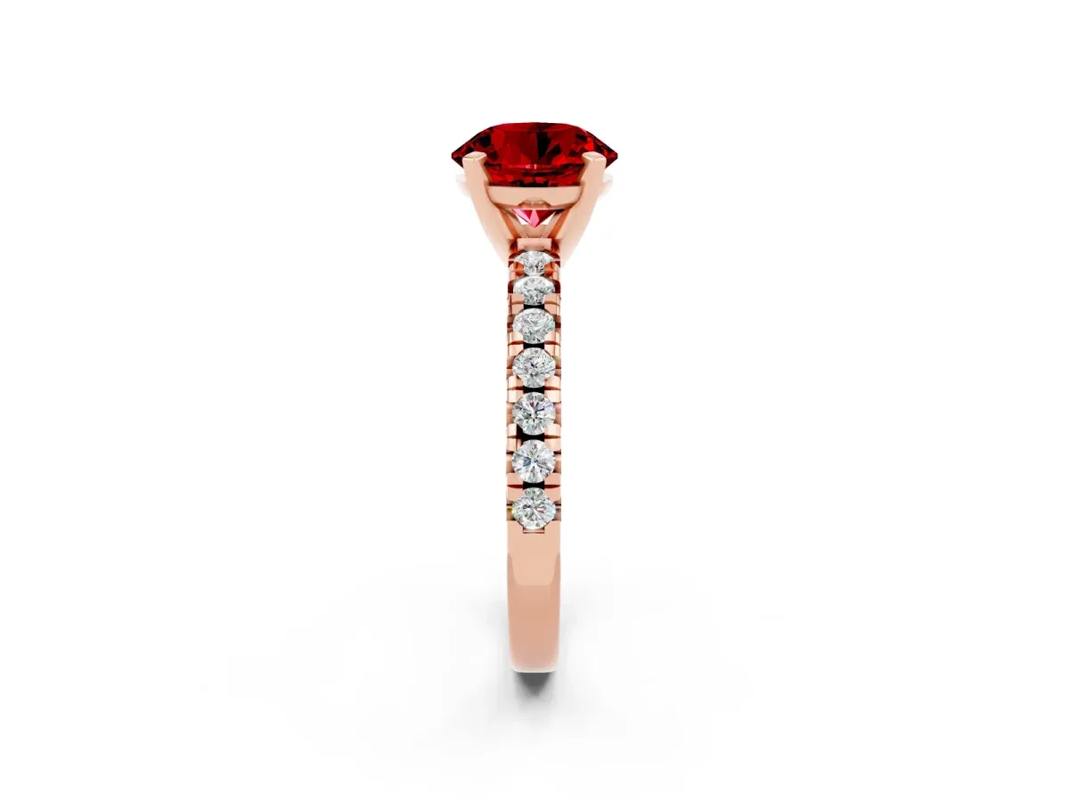 Round Cut Ruby Solitaire Pavé Engagement Ring with Round Band and Prong Setting Rose gold