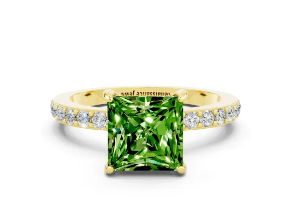 Princess Cut Peridot Solitaire Engagement Ring with Pavé Band and Four-Prong Setting Yellow gold