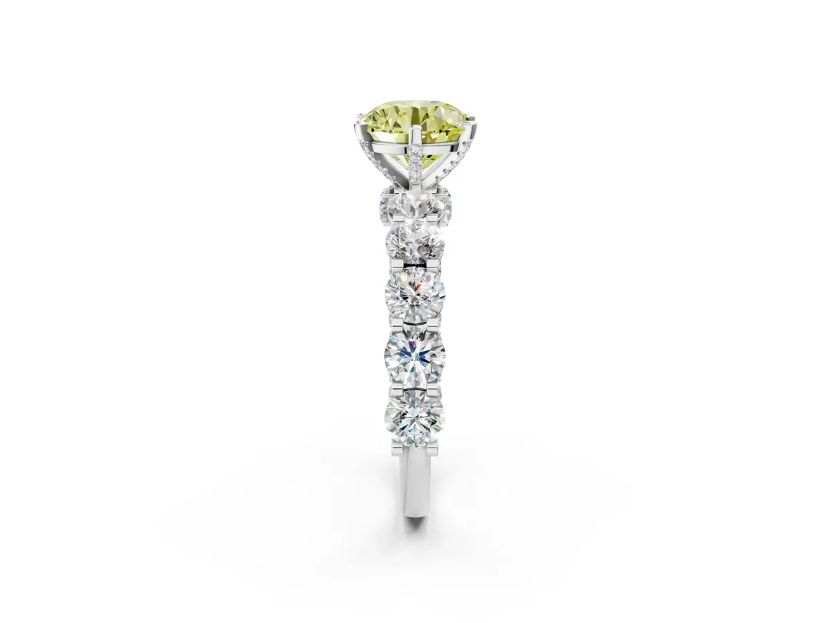 Fancy Yellow Round Cut Diamond Side Stone Engagement Ring with Four-Prong Setting White gold