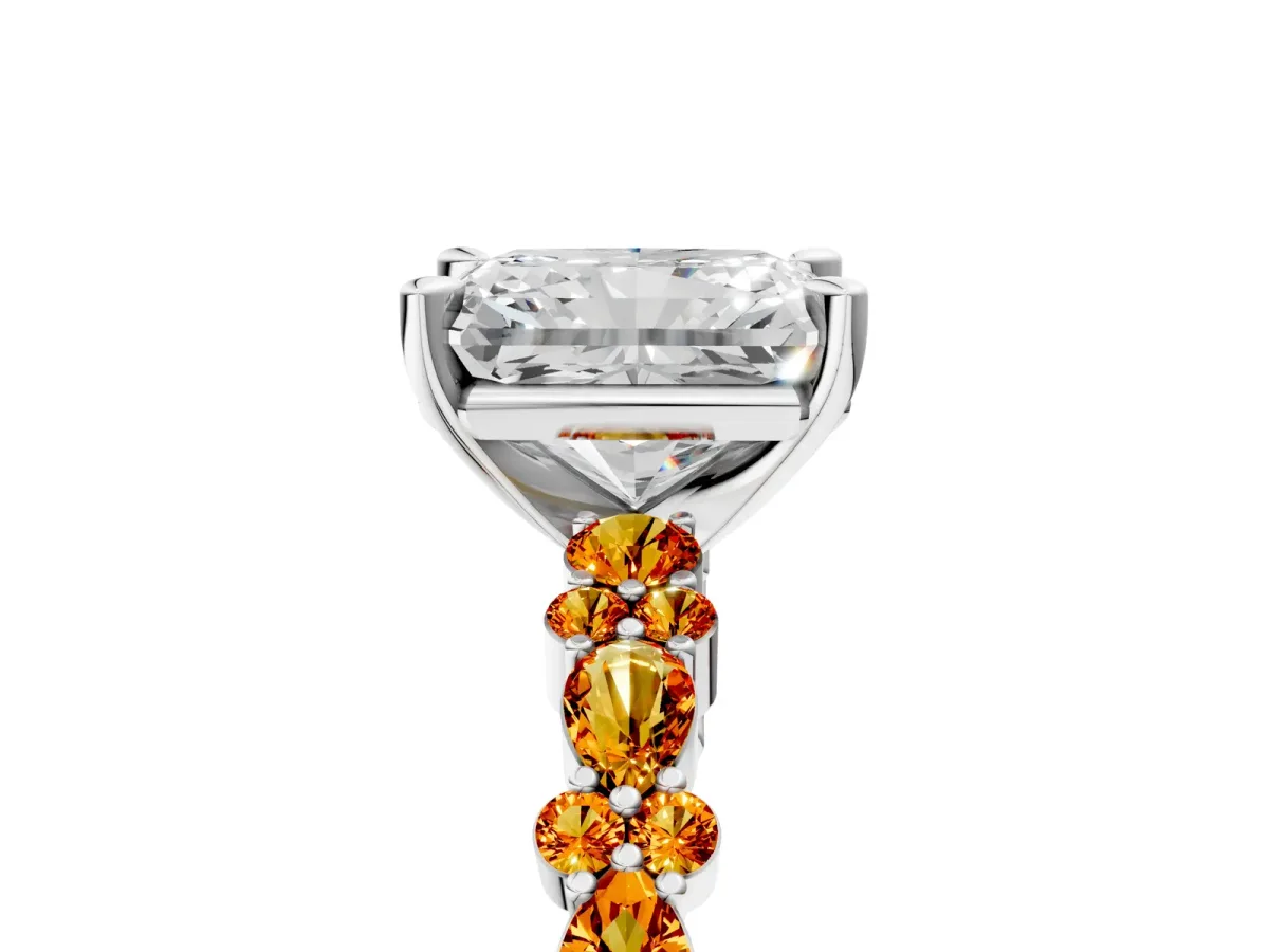 Radiant Cut Diamond Side Stone Solitaire Ring with Round Citrine and Four-Prong Setting Platinum
