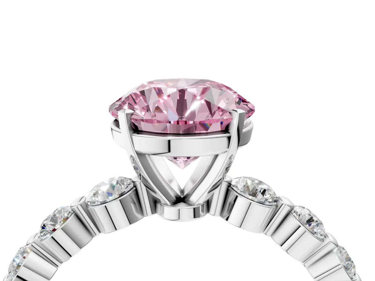 Fancy Pink Round Cut Solitaire Diamond Ring with Pave Band and Four-Prong Setting Silver