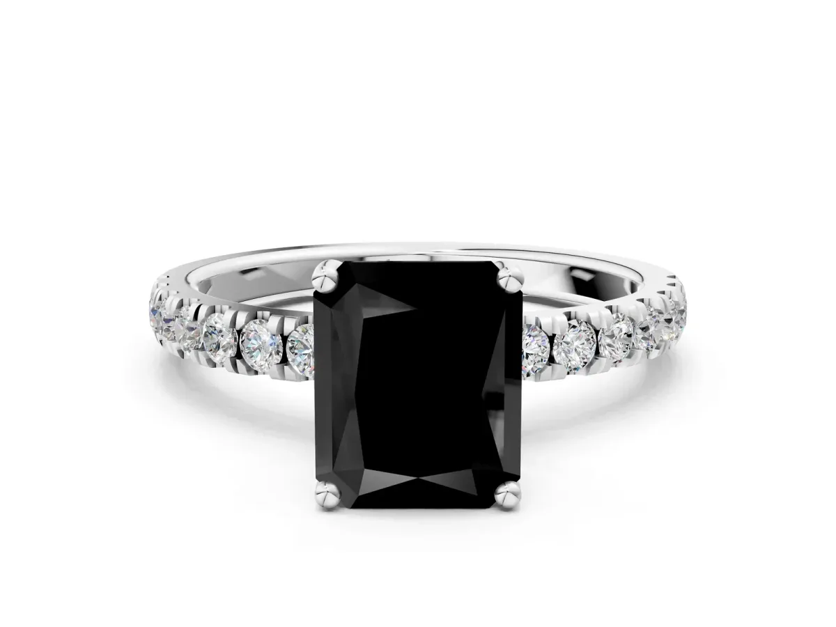 Fancy Black Radiant Cut Diamond Pave Band Solitaire Ring with Round and Prong Setting Silver
