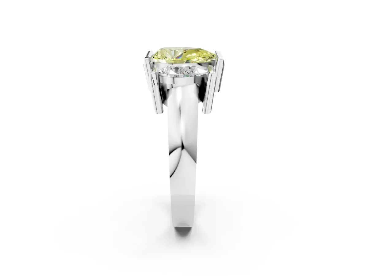 Fancy Yellow Three Stone Pear Cut Cut Channel Set Diamond Ring Silver