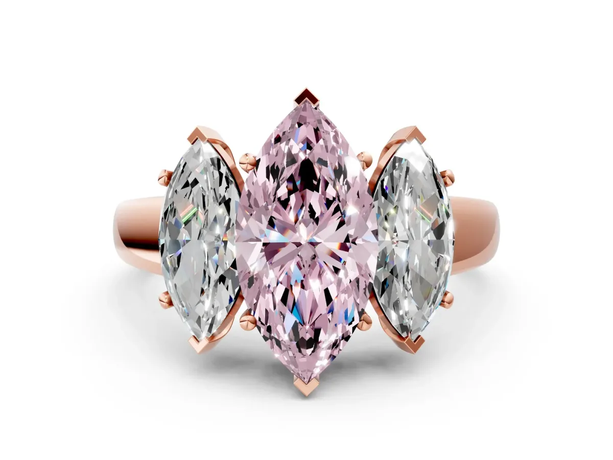 Fancy Pink Three-Stone Marquise Cut Cut Solitaire Ring with Classic Prong Setting Rose gold