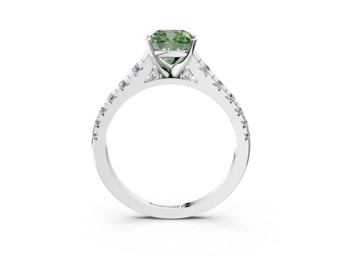 Fancy Green Cushion Cut Diamond Cathedral Solitaire Ring with Round Pavé Band Silver
