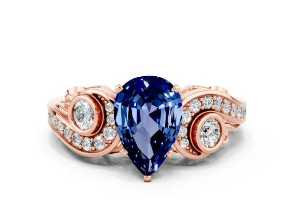 Pear Cut Blue Sapphire Solitaire Ring with Milgrain Pavé Band and Four-Prong Setting Rose gold